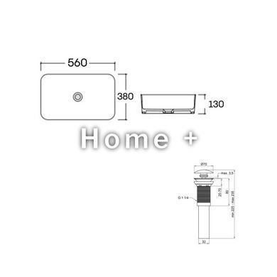 Комплект Qtap Virgo N: Раковина накладная 560x380x130&nbsp;мм, White, прямоугольная + Донный клапан Pop-up PU02 SD00054586 фото