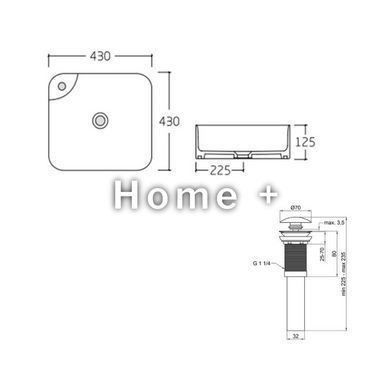 Комплект Qtap Stork: Раковина накладна квадратна 430x430x120 мм White + Донний клапан PU02 SD00053442 фото