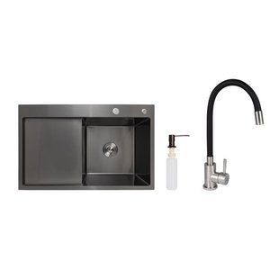 Акційний набір Lidz: мийка H7849BL інтегрована крило зліва Brushed Black PVD 3,0/1,0 мм + Змішувач Aria для кухні з гнучким SD00057375 фото