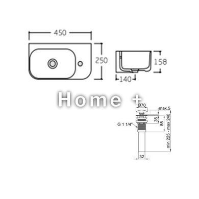 Комплект Qtap Tern: Раковина подвесная прямоугольная правая 450х260х155 мм White + Донный клапан PU02O SD00053452 фото
