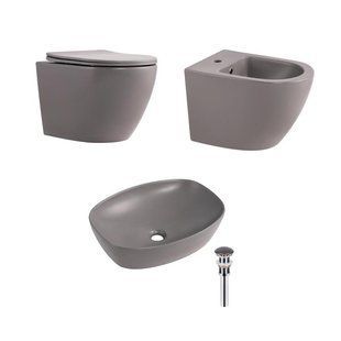 Комплект Qtap Robin Stone grey 3 в 1: унитаз подвесной Ultra Quiet + биде подвесное + раковина накладная QTROBSG49158 SD00055282 фото