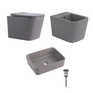 Комплект Qtap Tern Stone grey 3 в 1: унитаз подвесной Ultra Quiet + биде подвесное + раковина накладная QTTERSG49162 SD00055286 фото