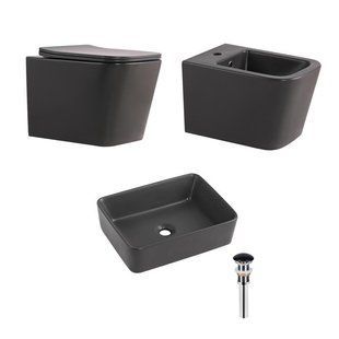 Комплект Qtap Tern Anthracite 3 в 1: унітаз підвісний Ultra Quiet + біде підвісне + раковина накладна QTTERAN49161 SD00055285 фото