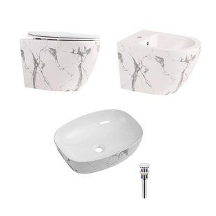 Комплект Qtap Robin Marble 3 в 1: унитаз подвесной Ultra Quiet + биде подвесное + раковина накладная QTROBMR49160 SD00055284 фото