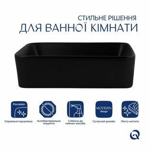 Комплект Qtap Tern: Раковина накладна прямокутна 475х370х140 мм Matt Black + Донний клапан PU03 SD00053424 фото