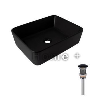 Комплект Qtap Tern: Раковина накладная прямоугольная 475х370х140 мм Matt Black + Донный клапан PU03 SD00053424 фото