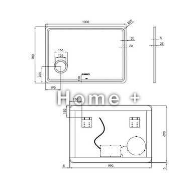 Дзеркало Crow настінне прямокутне, LED touch switch, цифровий годинник з лінзою, 1000х700 мм Qtap SD00045756 фото