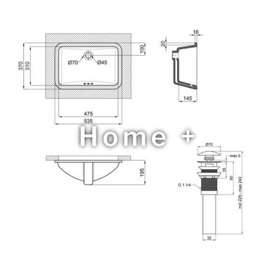 Комплект Qtap Stork: Раковина врізна прямокутна 530x370x200 мм White + Донний клапан PU02O SD00053417 фото