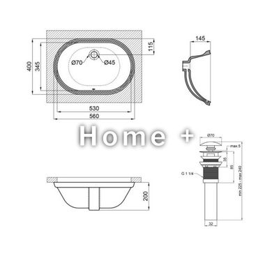 Комплект Qtap Stork: Раковина врізна овальна 560x395x195 мм White + Донний клапан PU02O SD00053418 фото