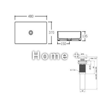 Комплект Qtap Tern: Раковина накладна прямокутна 475х370х140 мм White + Донний клапан PU02 SD00053425 фото