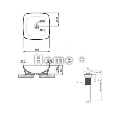 Комплект Qtap Kolibri: Раковина накладная 400x400x140 мм, White, квадратная + Донный клапан Pop-up PU02 SD00054590 фото