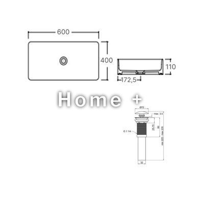 Комплект Qtap Tern: Раковина накладная прямоугольная 600x405x110 мм WHITE + Донный клапан PU02 SD00053427 фото