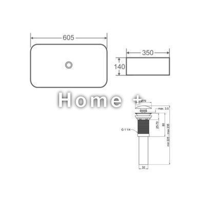 Комплект Qtap Tern: Раковина накладная прямоугольная 605x350x140 мм WHITE + Донный клапан PU02 SD00053428 фото